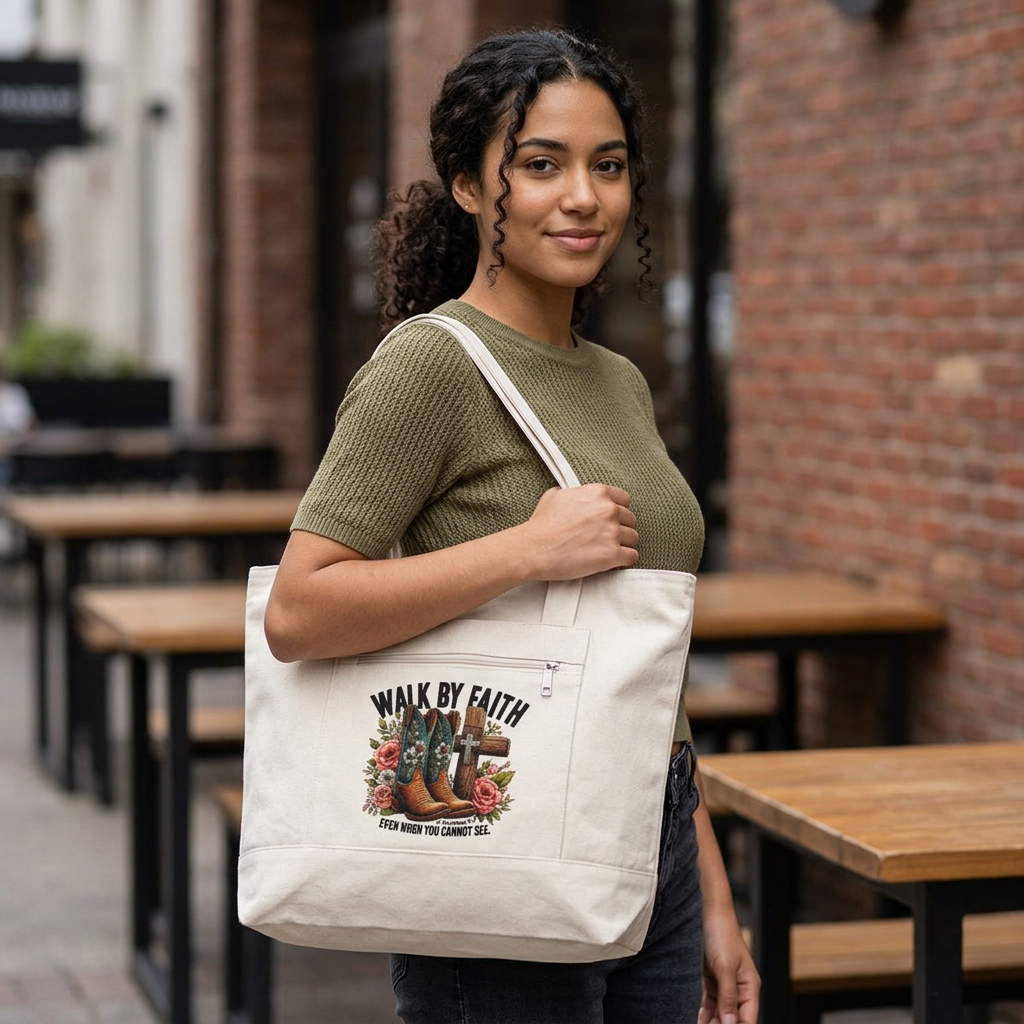 Walk by Faith Canvas Tote Bag | Zippered Everyday Carry Tote