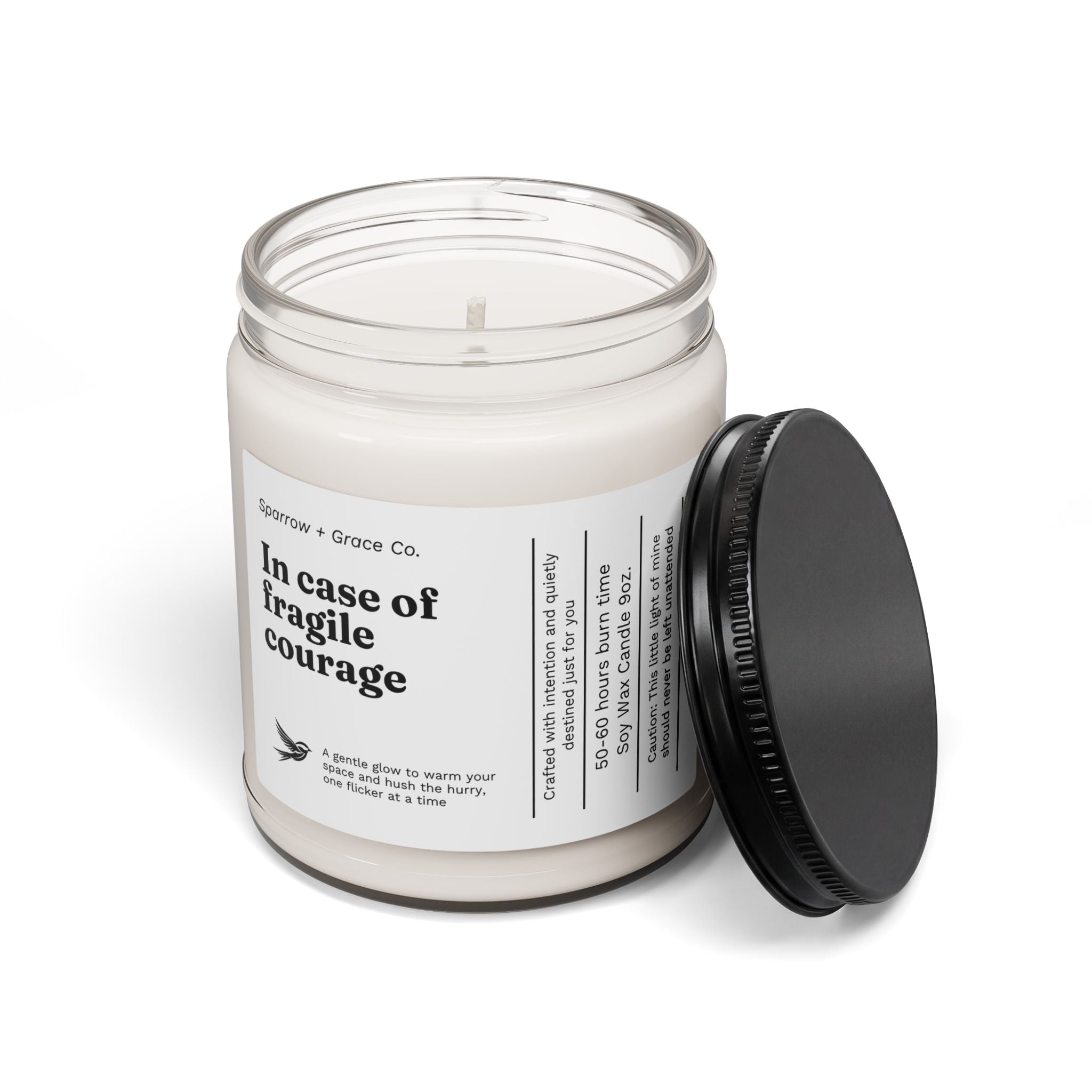 Candle jar with a label on a white background