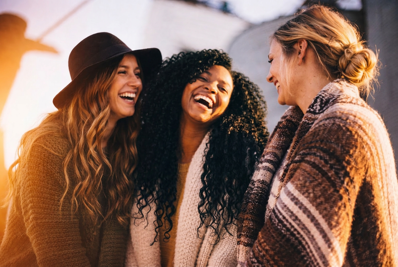 Three women laughing together outdoors, wearing warm clothing.