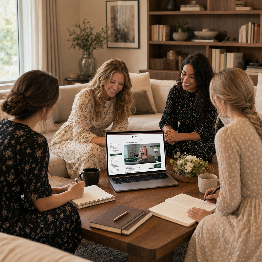 Four women gathered in a cozy living room around a wooden coffee table, with one woman joining via video call on a laptop screen. They are smiling and writing in notebooks, creating a warm, professional atmosphere.