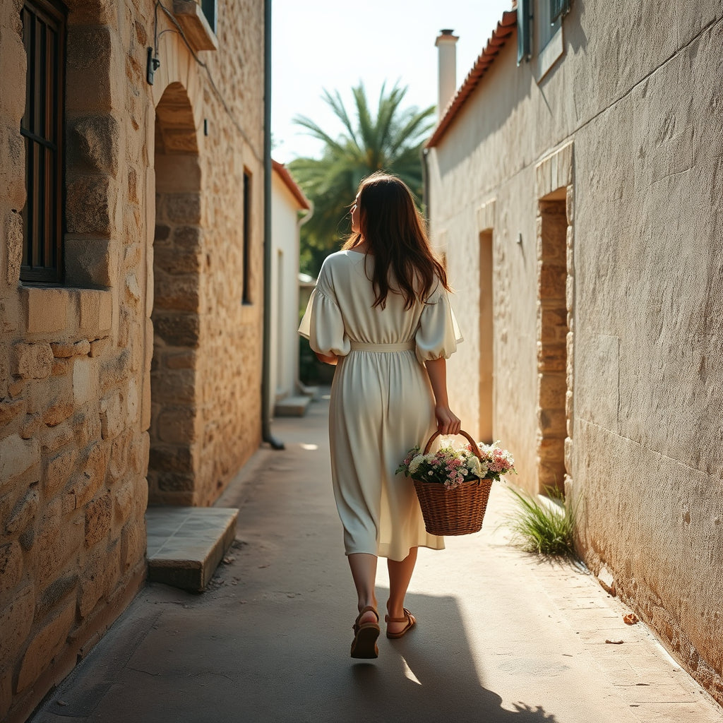 Woman in a white dress walking down a sunlit alleyway holding a basket of flowers.