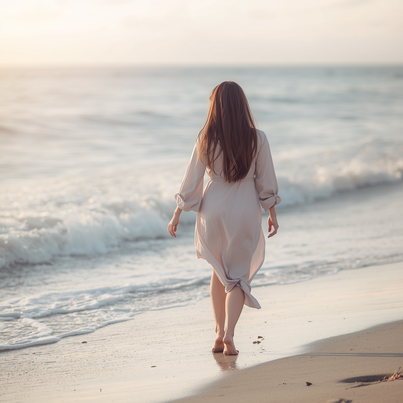 Woman walking on a beach towards the ocean at sunset.