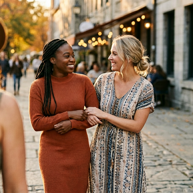 Two women walking together on a city street, smiling and enjoying each other's company.