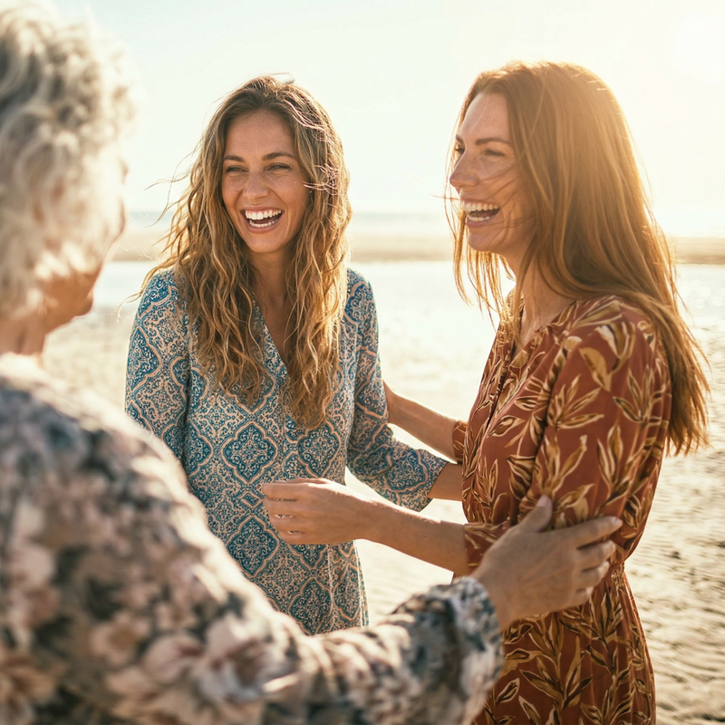 Three women laughing together on a beach